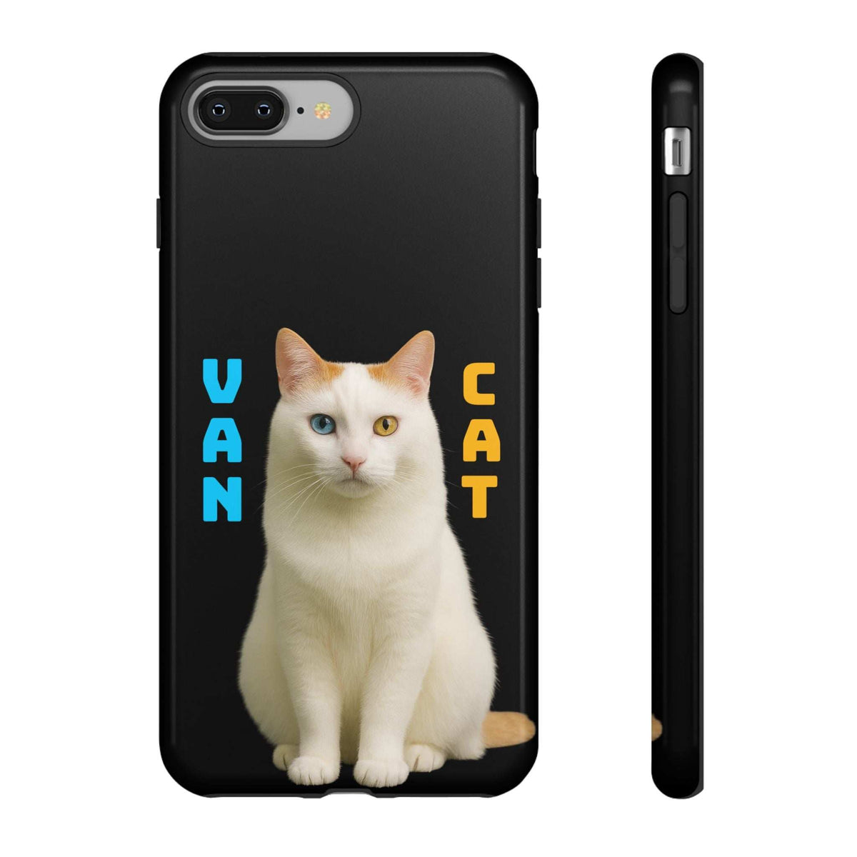 Glossy black phone case with white cat graphic and VAN CAT lettering, multi-lens camera cutout