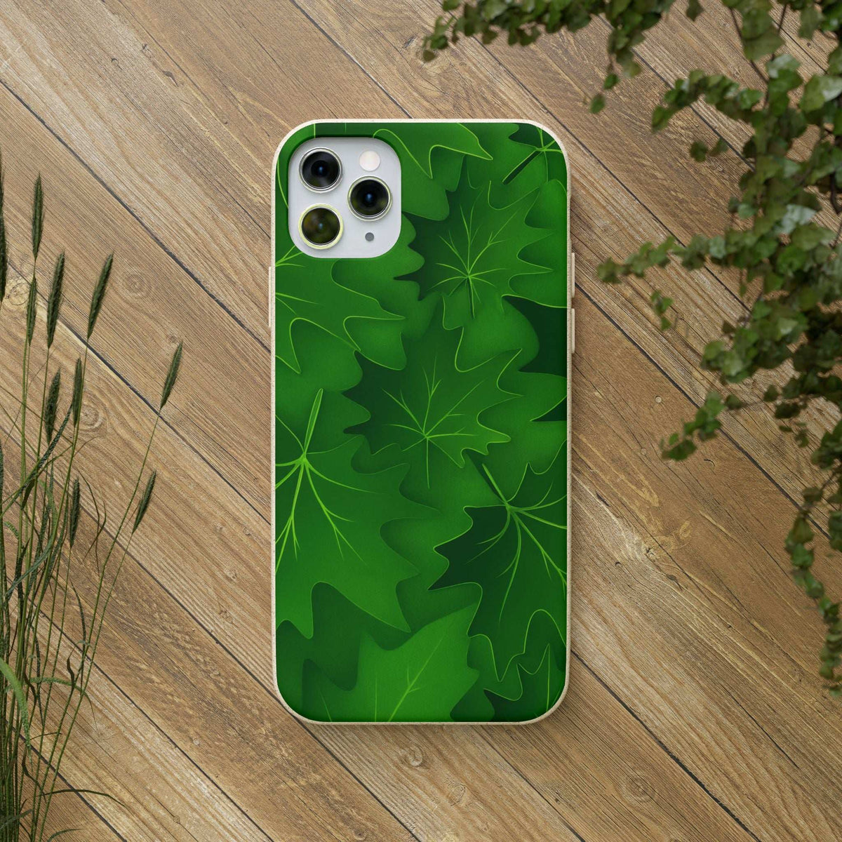 Green botanical leaf phone case with triple camera cutout