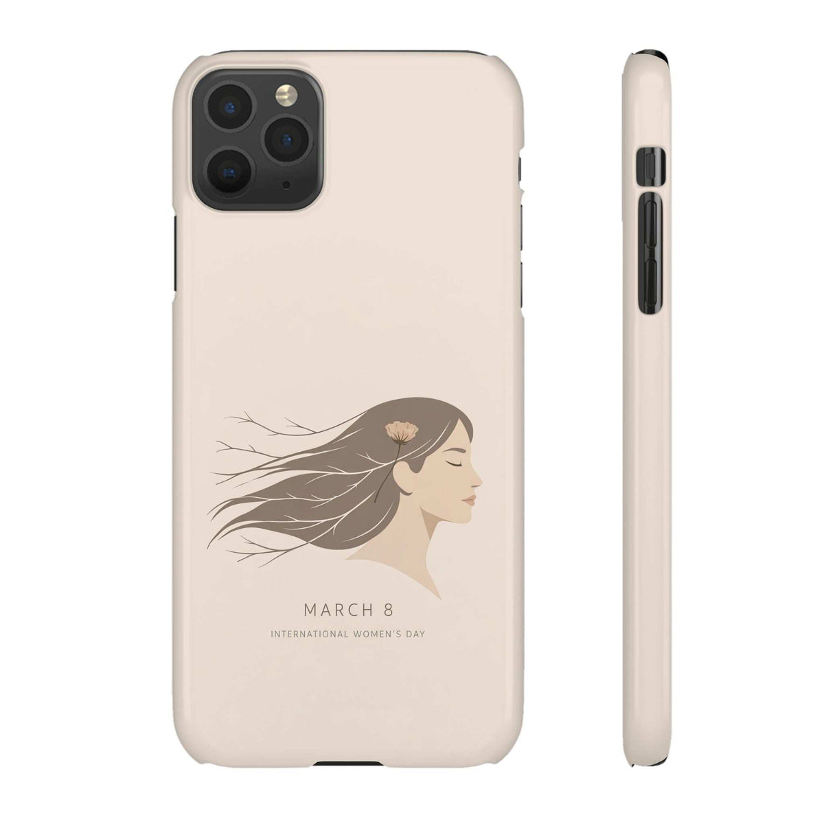 Beige phone case with International Women’s Day woman graphic; camera cutouts for iPhone/Galaxy