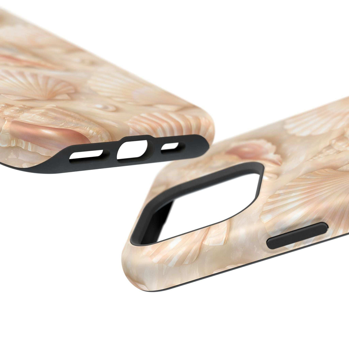 Seashell phone case showing side button and port cutouts, light beige