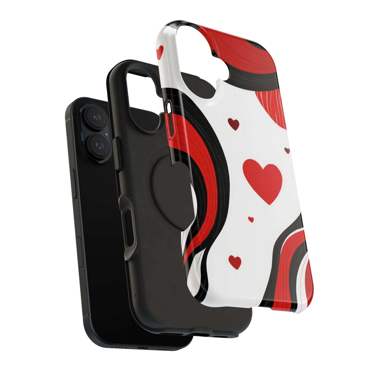 Glossy phone case with red heart design; black inner bumper and camera lens cutouts