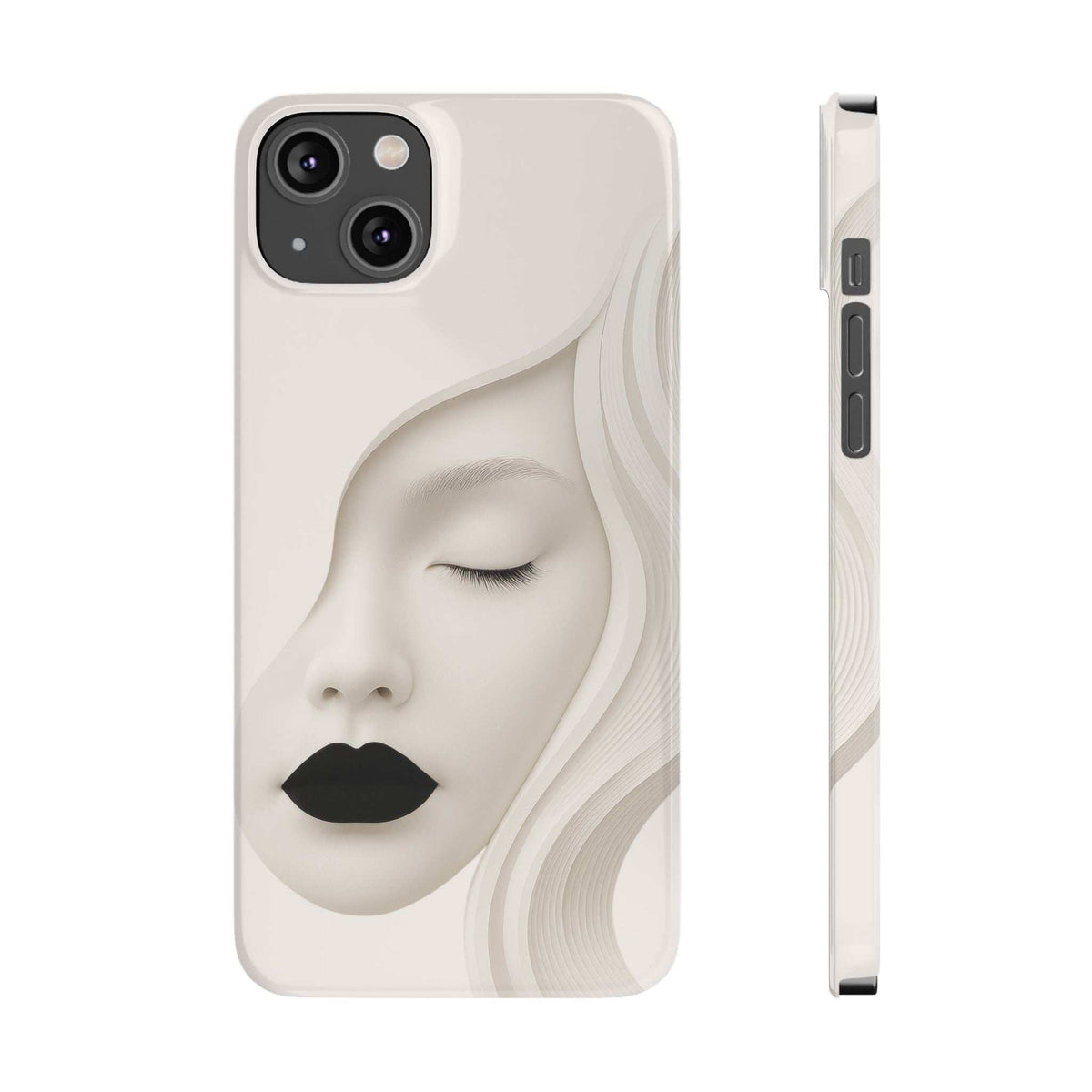 Light beige phone case with minimalist closed-eye face design; side profile with button cutout.