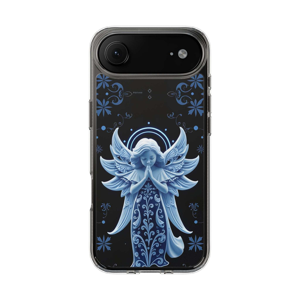 Transparent phone case with blue angel prayer graphic and decorative borders