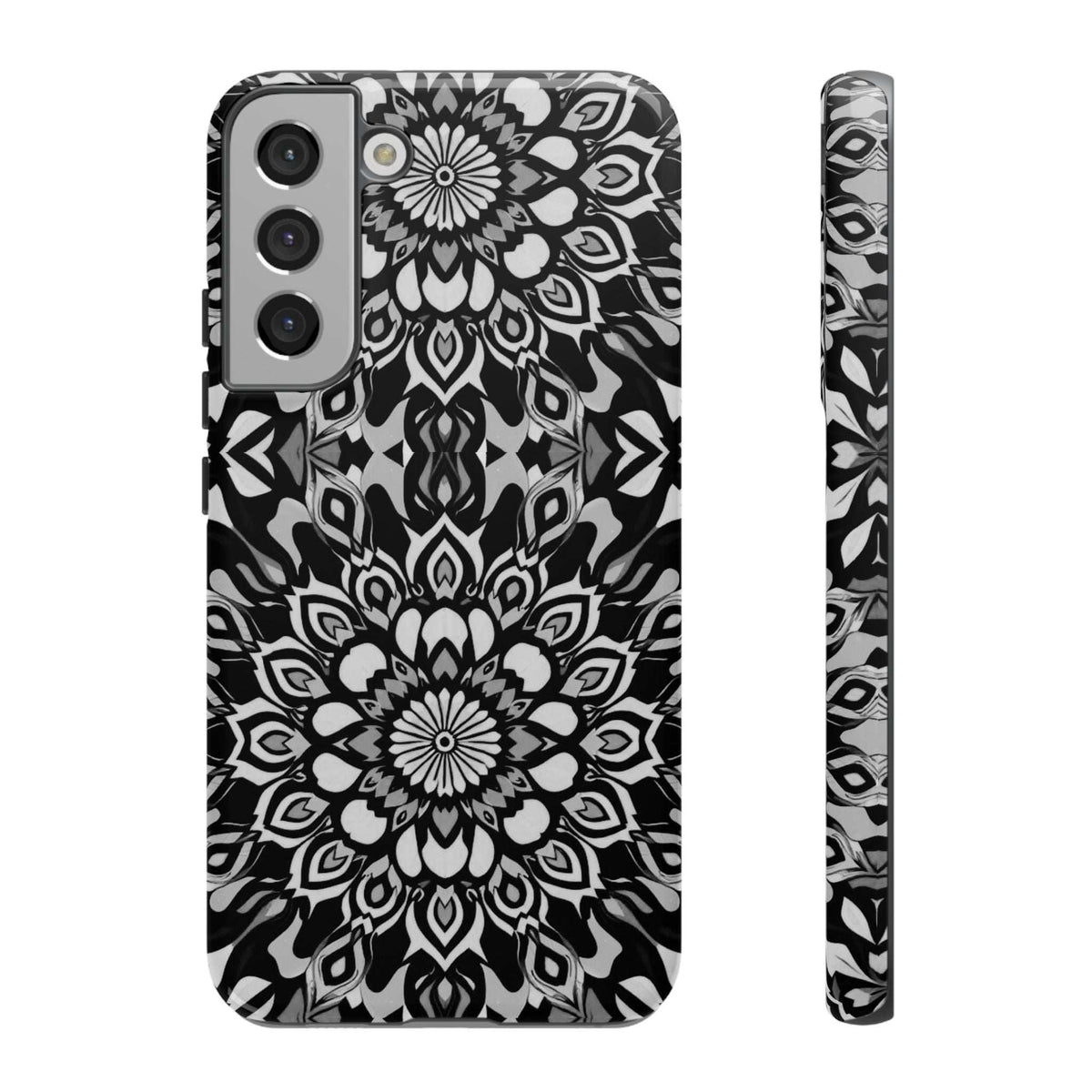 Mandala phone case with black-and-white mandala pattern and side strip with matching design