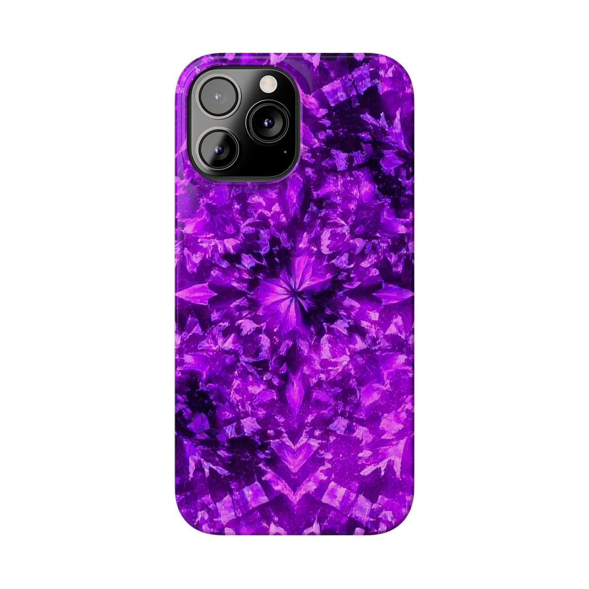 Purple kaleidoscope phone case with flowerburst pattern and camera lens cutouts
