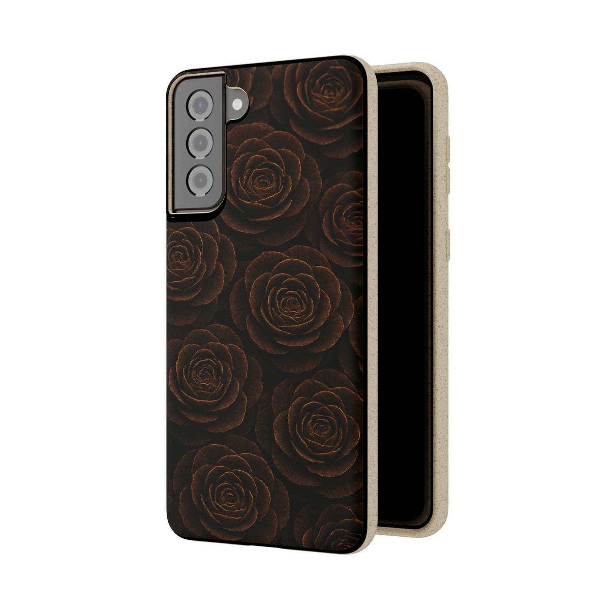 Black rose-pattern phone case with light back cover partially behind