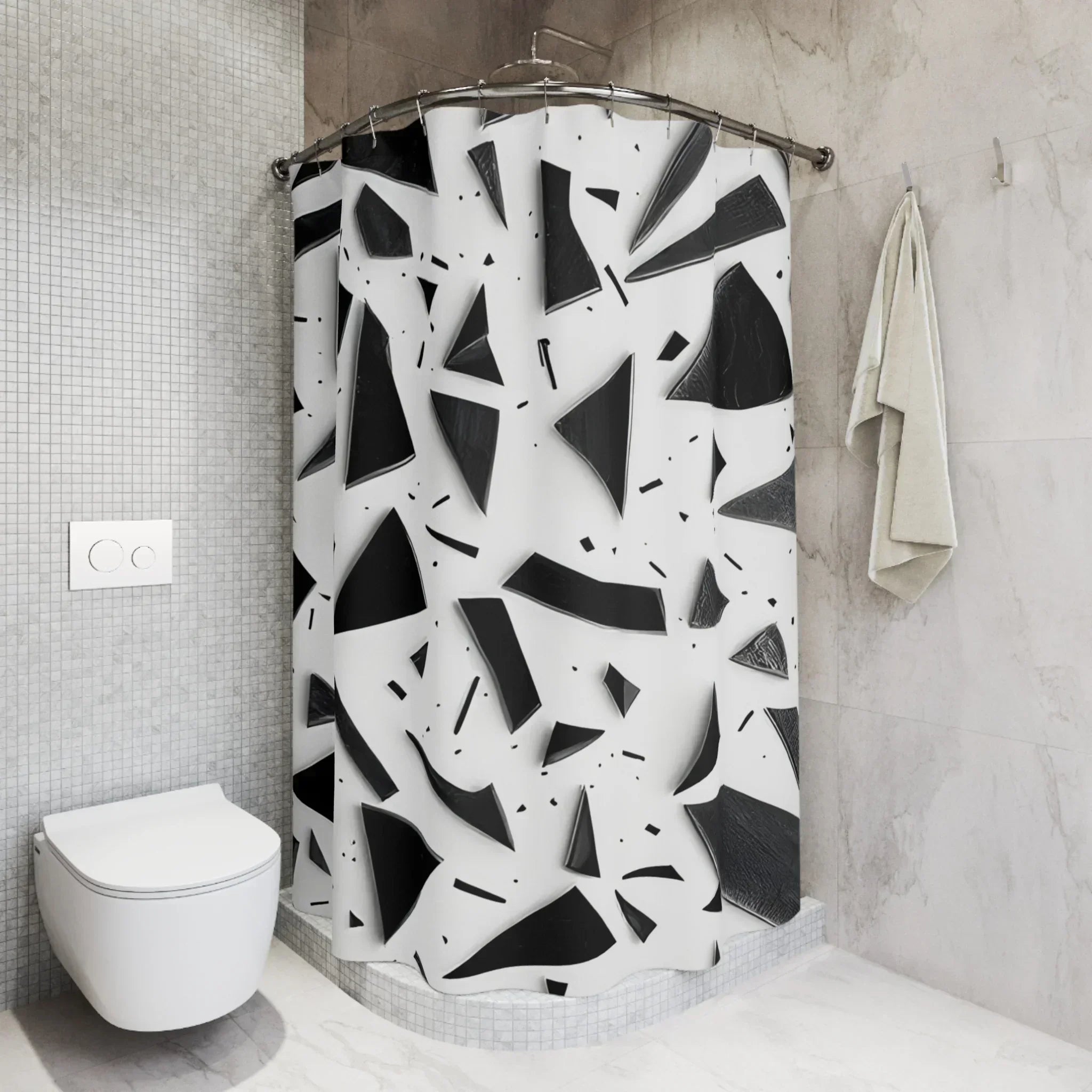 Geometric Shower Curtain - Black & White Abstract Design, Waterproof Fabric - KARARMDESIGN