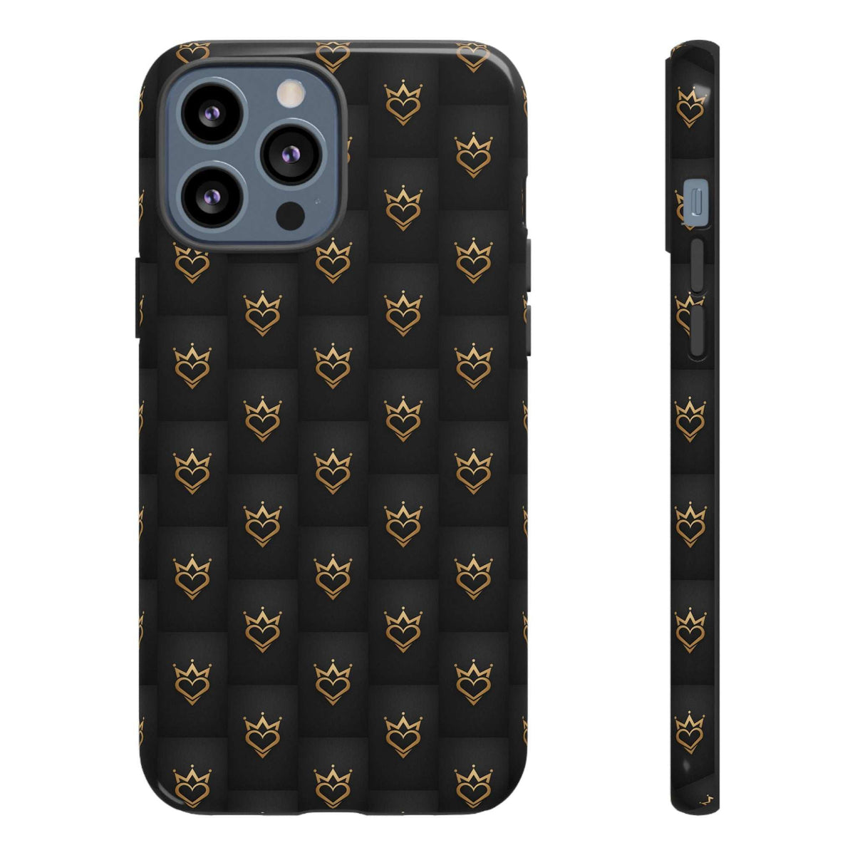 Glossy black phone case with gold crown-and-heart icons, precise openings for cameras