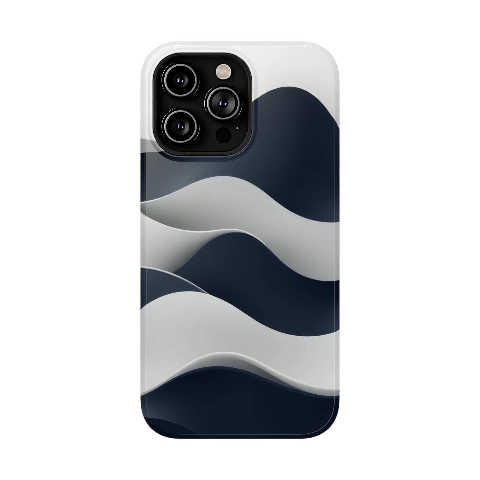 Glossy phone case with blue-and-white wave design and four-camera cutout