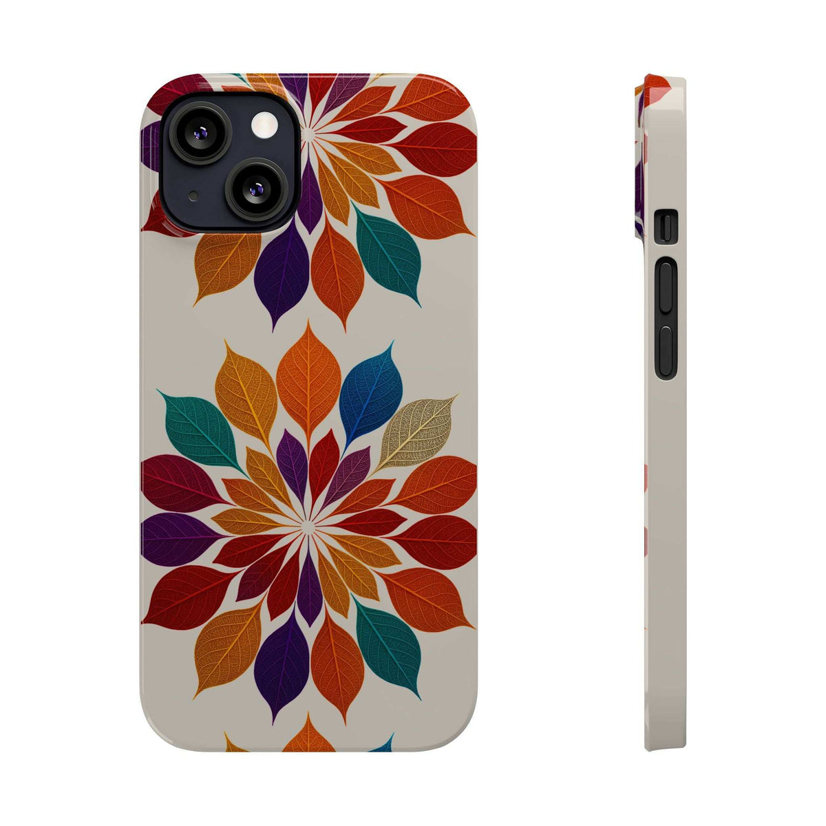 Leaf mandala phone case for iPhone 11-17, front and side profile with colorful leaf mandala pattern