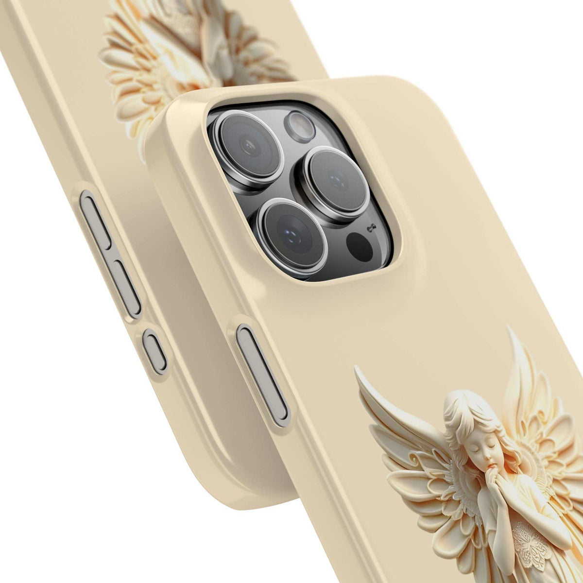 Cream phone case with angel wing relief and raised camera cover for iPhone-style