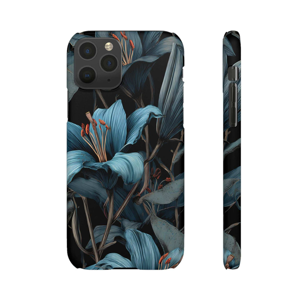 Floral phone case front with blue floral pattern, camera lenses and flash cutout
