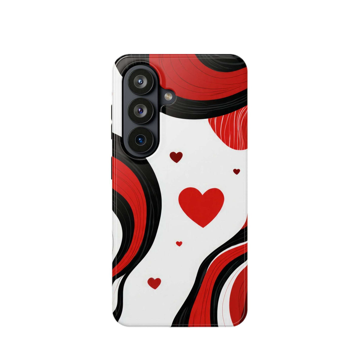 Glossy phone case with large red heart, small hearts, and red-black wave swirls
