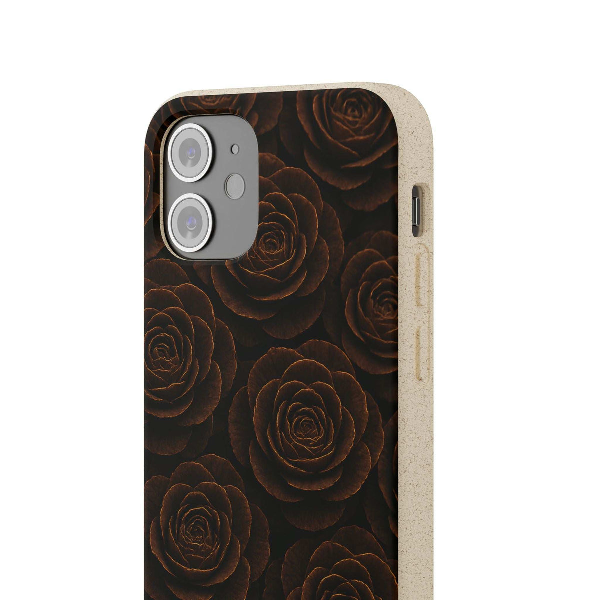 Wooden roses phone case, dark rose pattern on black with light wood-effect edges