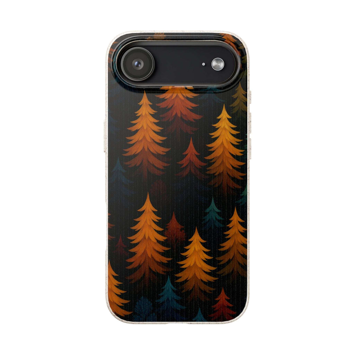 Biodegradable phone case front view with forest tree graphic and camera lens cutout