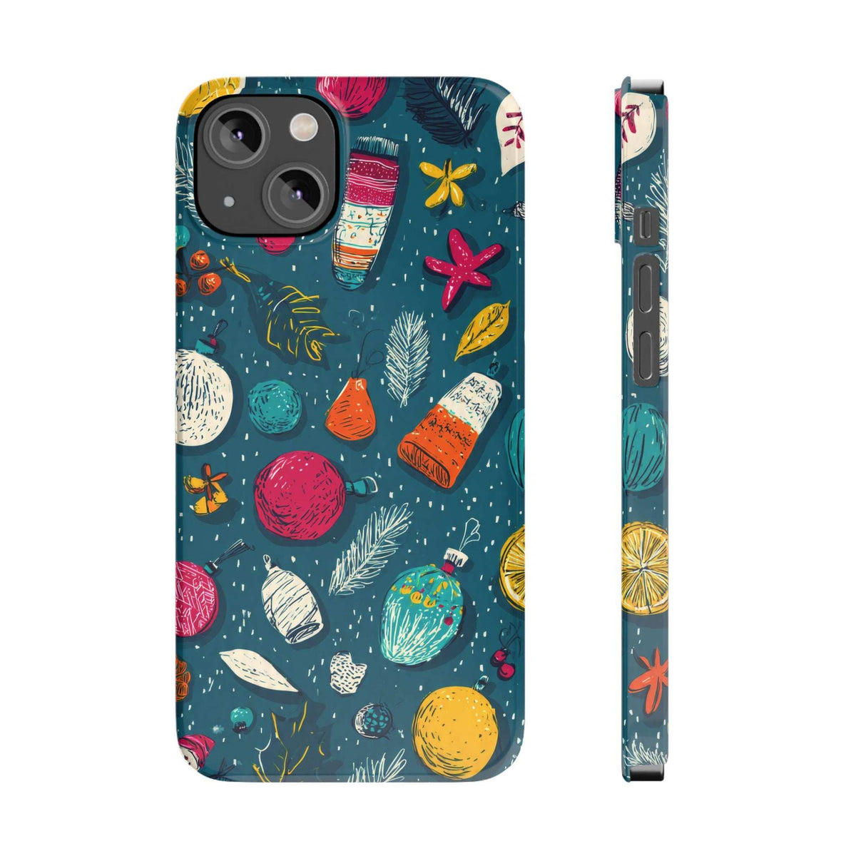 Winter Joy iPhone case, teal with festive patterns; side profile shows cutouts