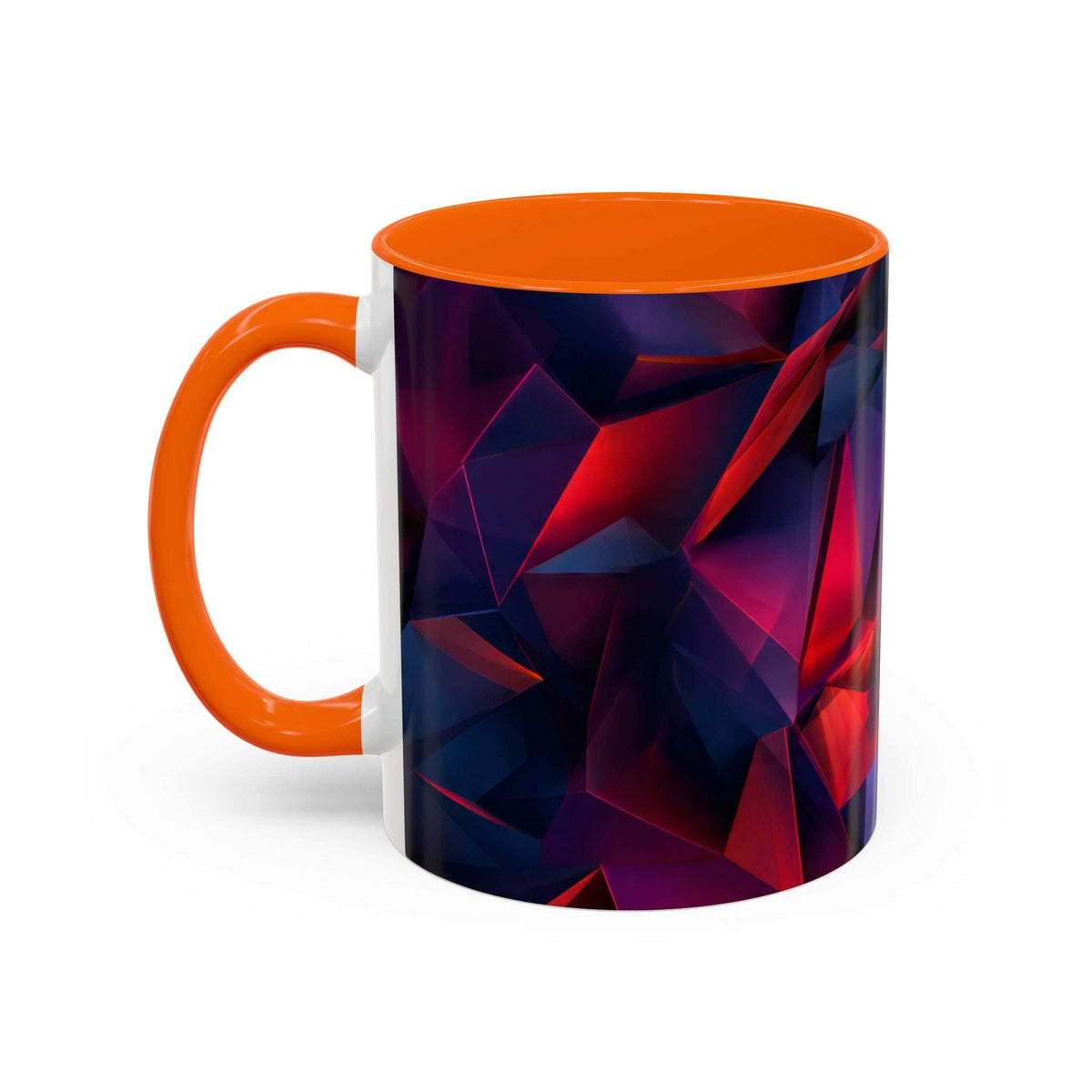 Ceramic accent mug with orange handle and rim; dark purple and red angular pattern.