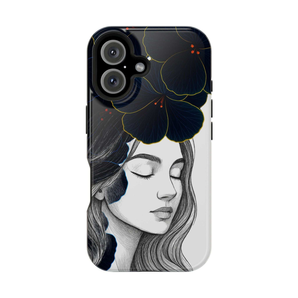 Dark floral phone case displaying a monochrome woman portrait with dark flower overlay