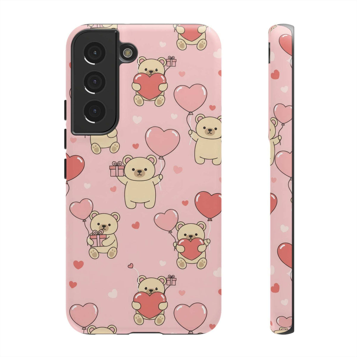 Pink teddy bear and hearts phone case with camera cutout and raised corners