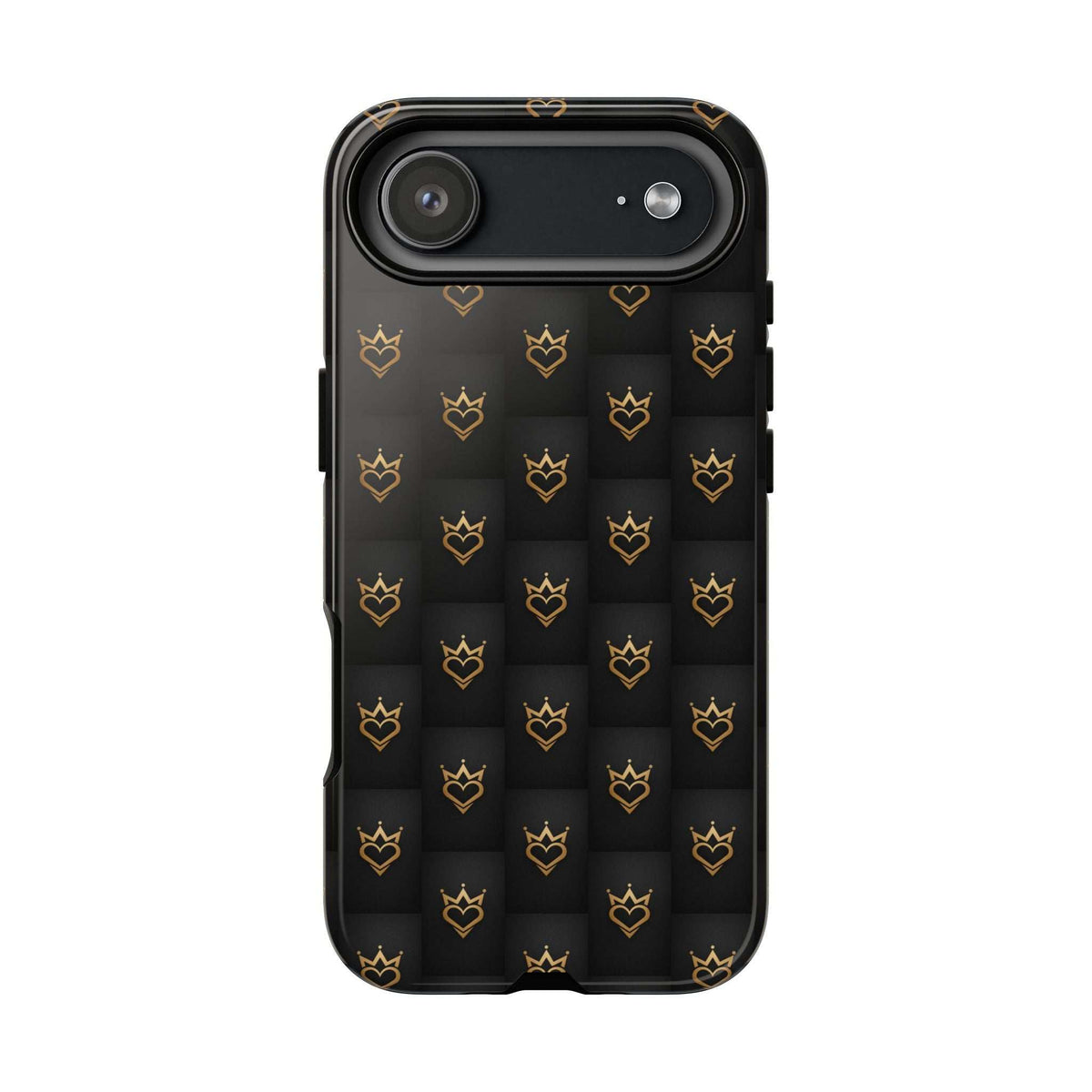 Glossy black phone case with gold crowned heart doodle pattern, horizontal camera bar cutout.