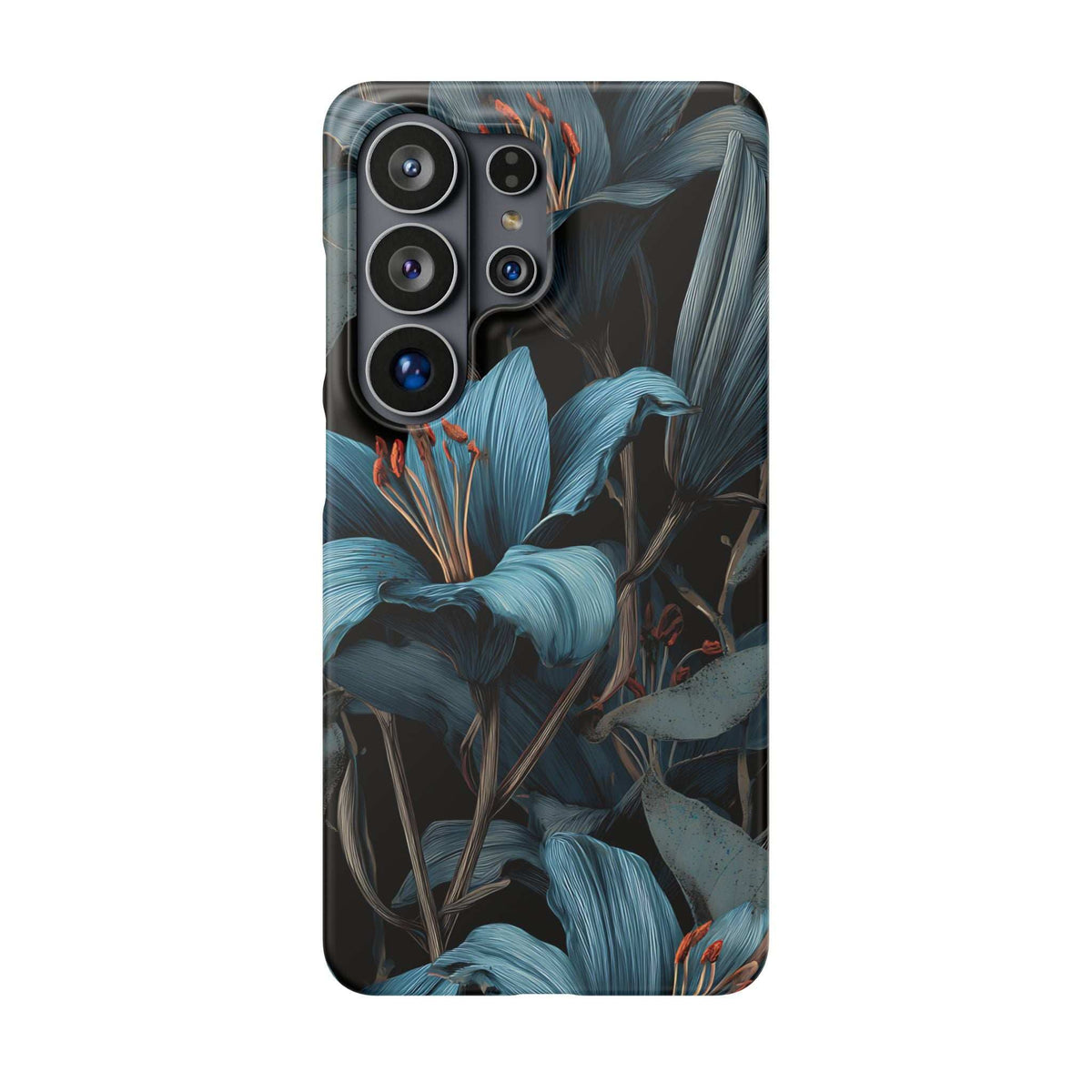Phone case with layered blue leaves and orange accents near the blooms