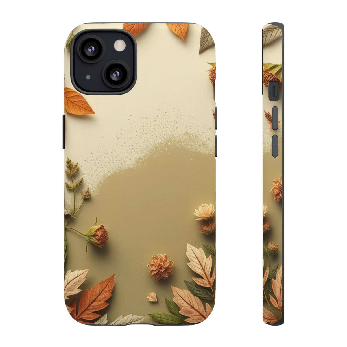 Autumn leaves phone case featuring beige backdrop with flowers and leaves, front and side view