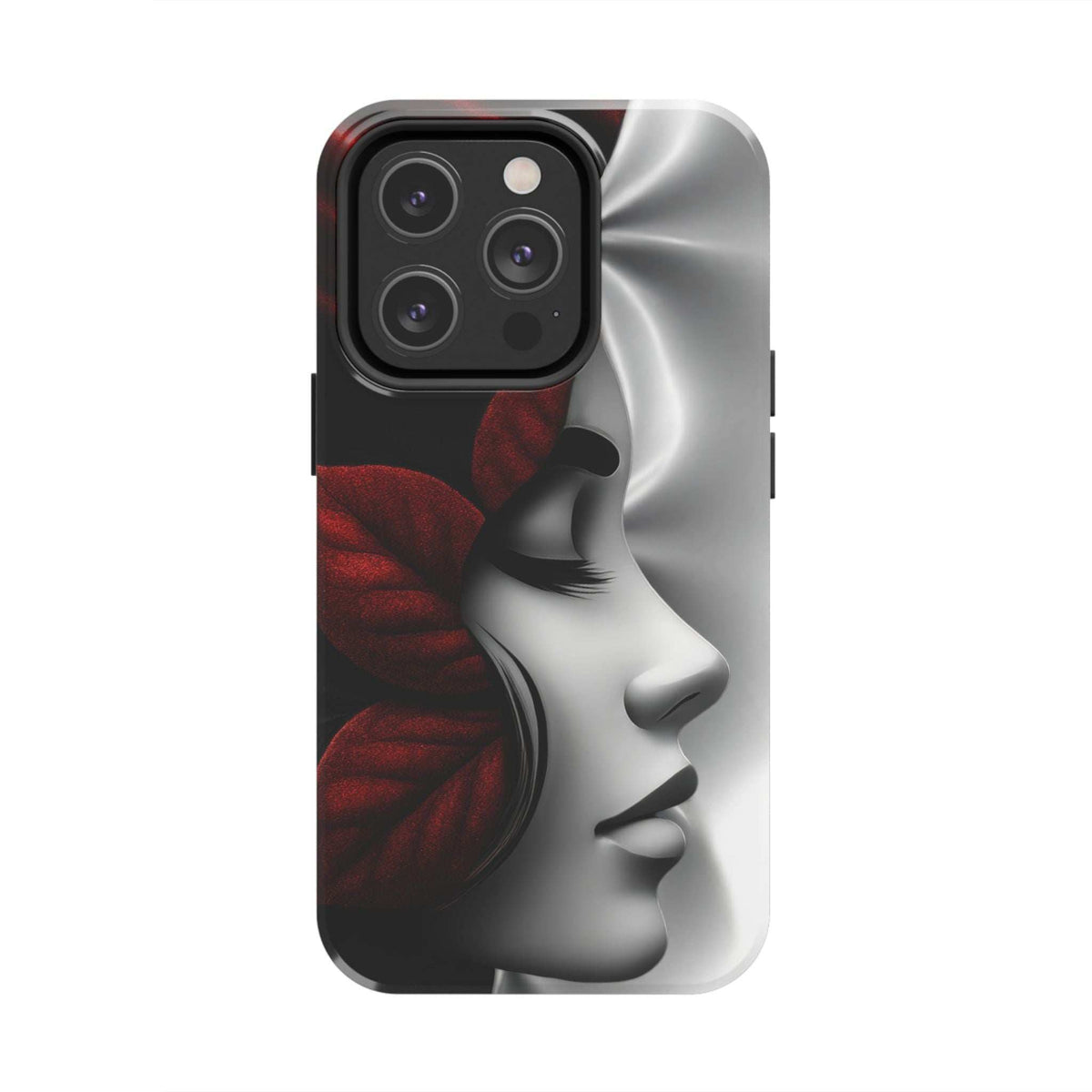 Smartphone phone case with matte black edge and red abstract floral profile artwork