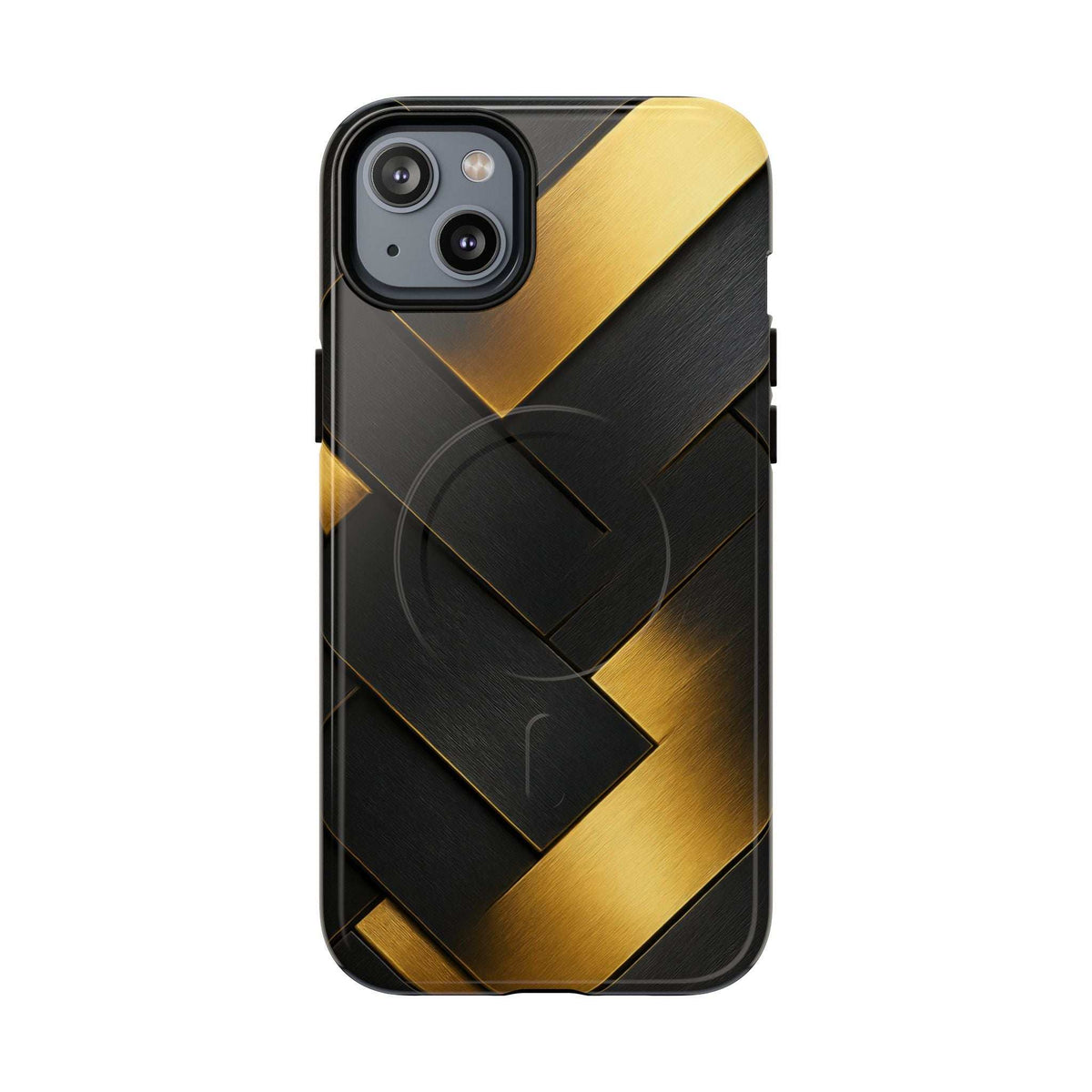 Glossy black phone case with gold geometric diagonal bands and camera cutouts