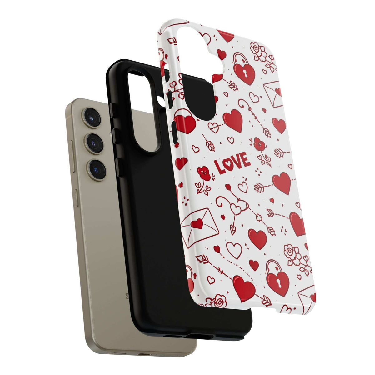 Glossy white phone case with red hearts and “LOVE” design, angled view