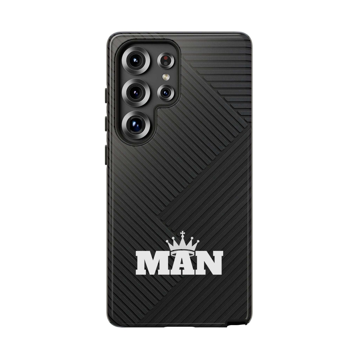 Black phone case with MAN logo, diagonal ridges, four-lens camera cutout area