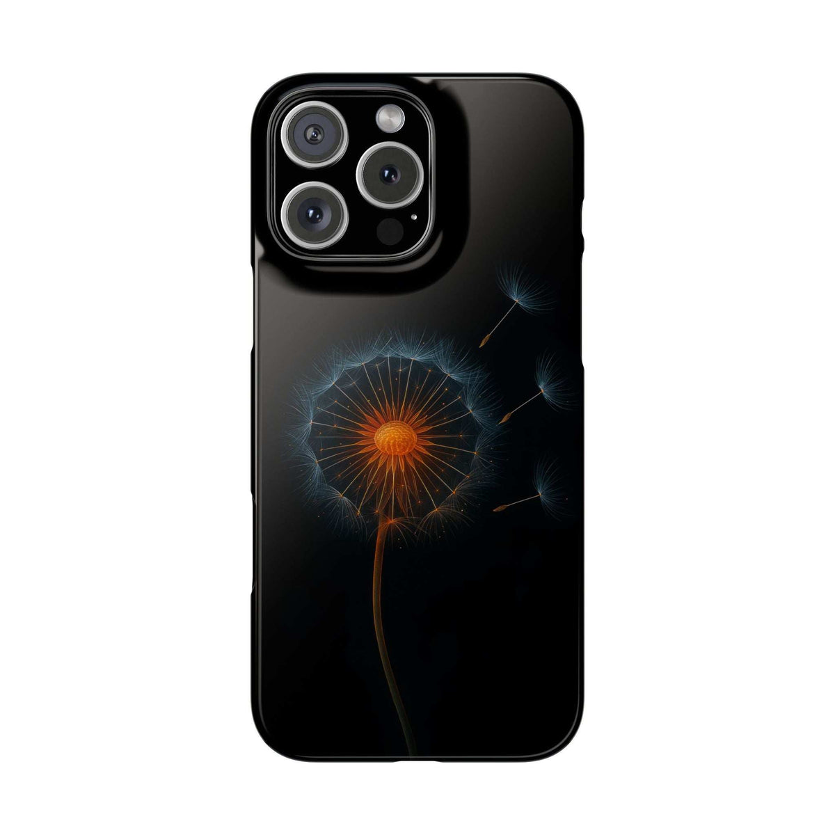 Black iPhone case featuring glowing orange dandelion with blue spark-like details
