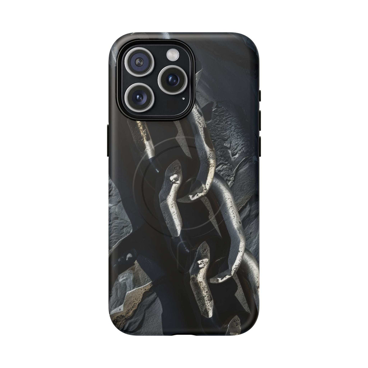 Black tough magnetic phone case showing iron chain links and rear camera cutouts