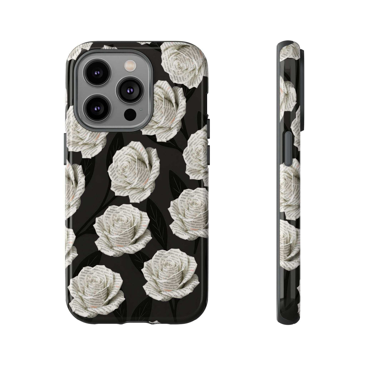 Black floral phone case with white roses; large quad camera cutout