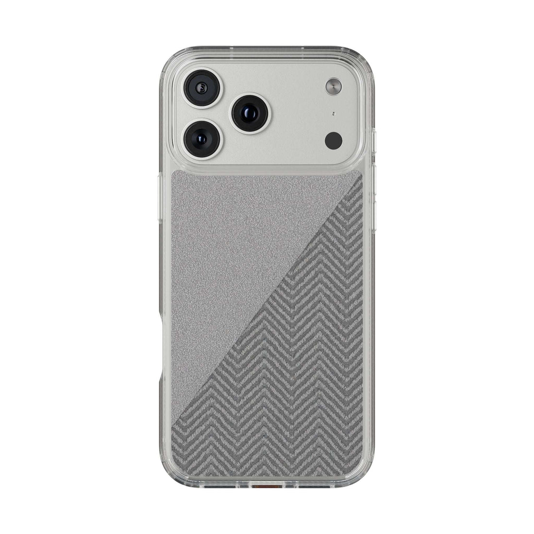 Tough phone case with clear bumper and dark herringbone diagonal pattern