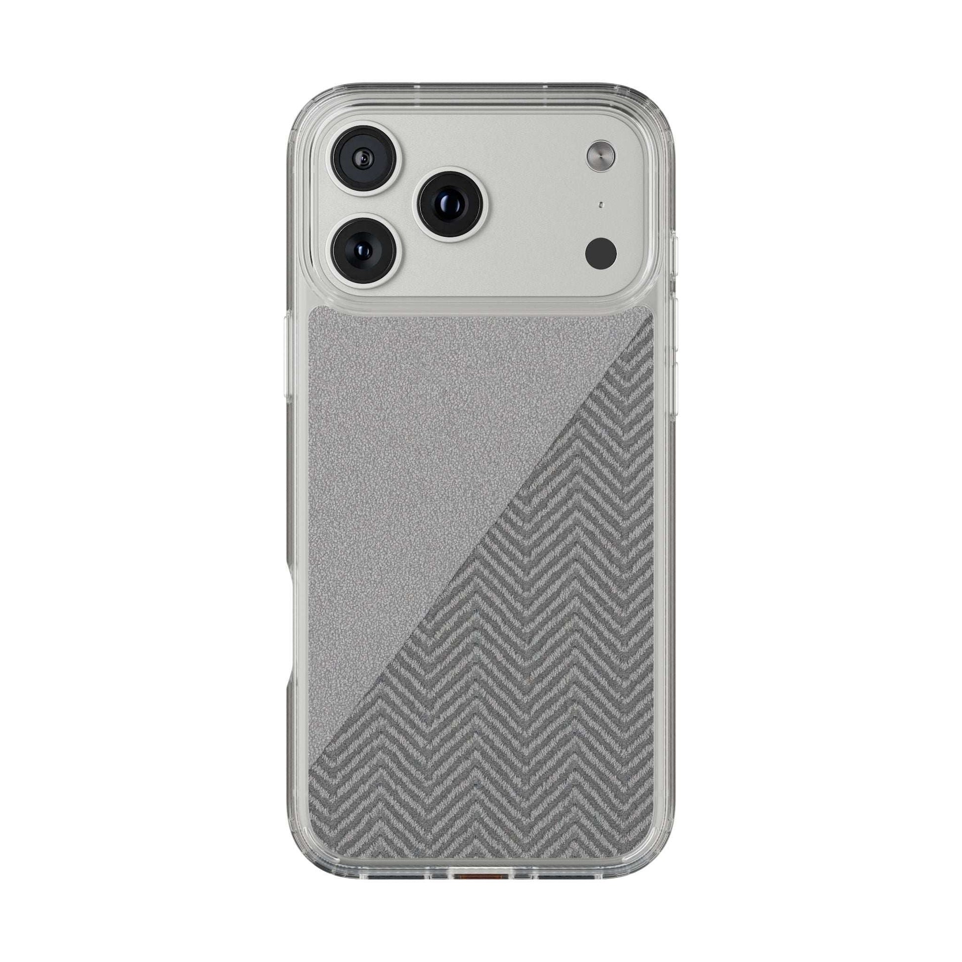 Tough phone case with clear bumper and dark herringbone diagonal pattern
