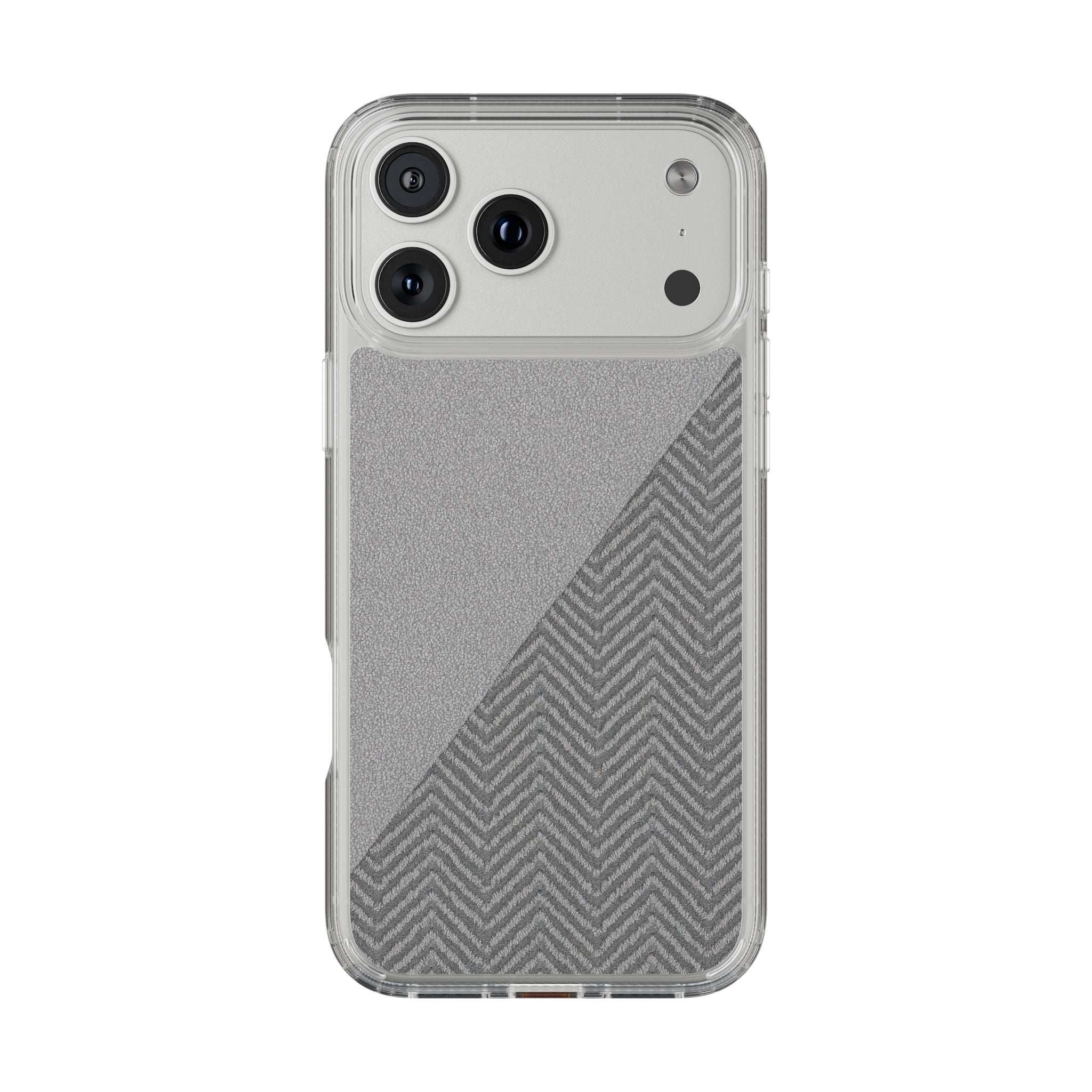Tough phone case with clear bumper and dark herringbone diagonal pattern