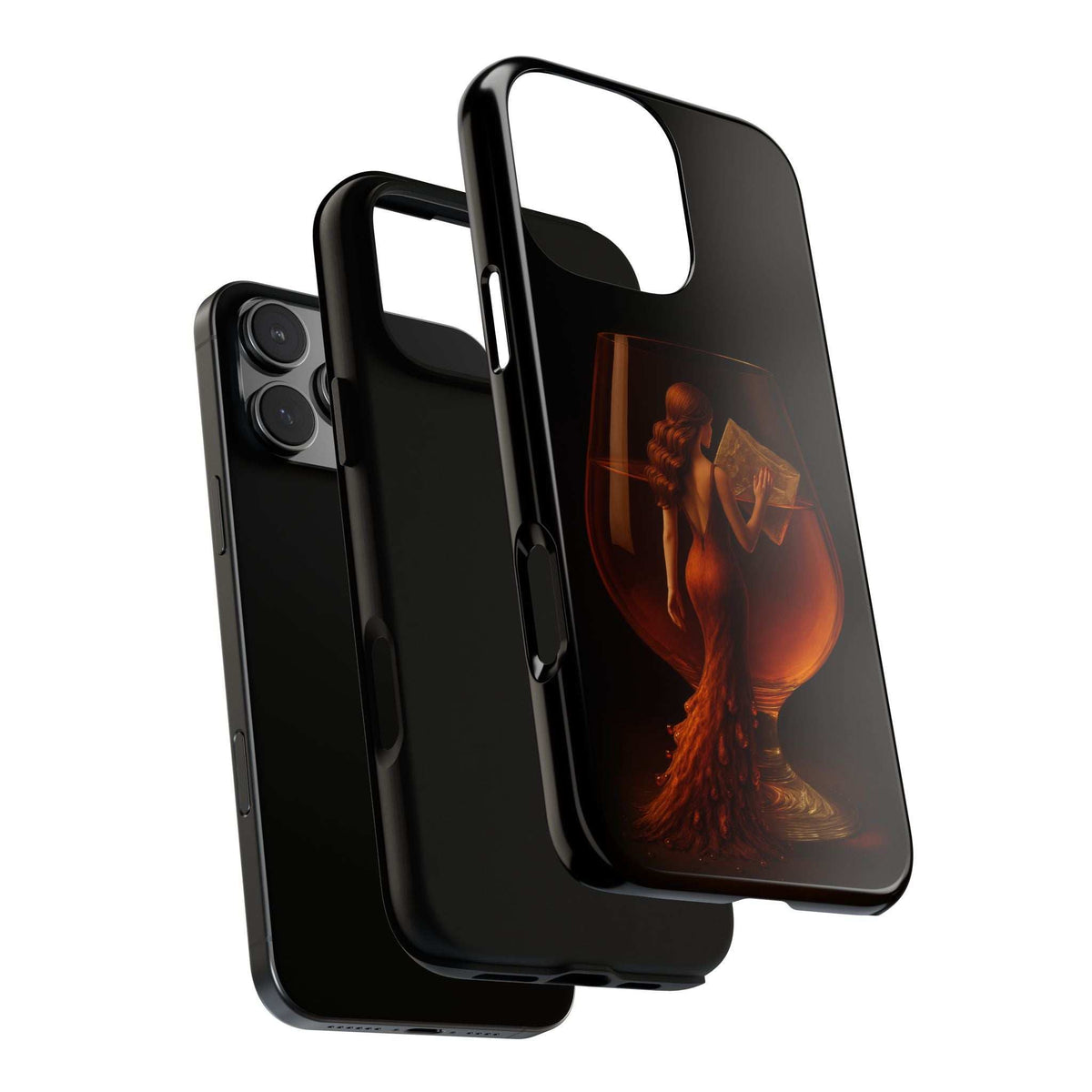 Black glossy phone case with raised edge, woman holding letter artwork