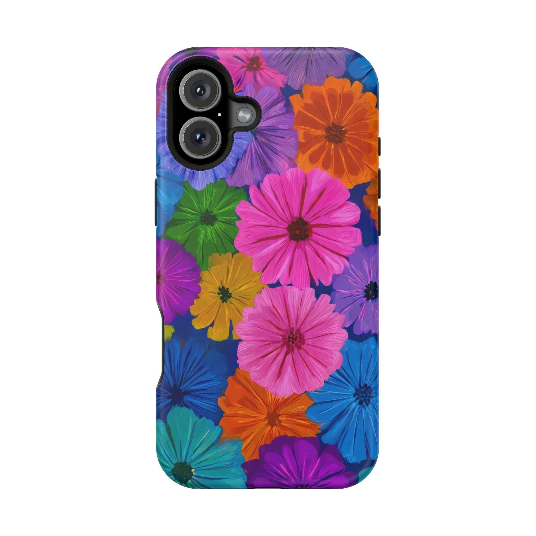 Multicolor floral phone case with cutouts for cameras and flash, bright glossy finish.