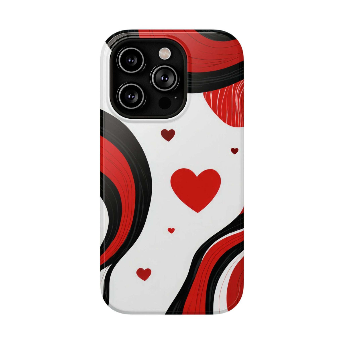 Glossy phone case with red hearts and wavy black/red curves on white, triple camera cutout