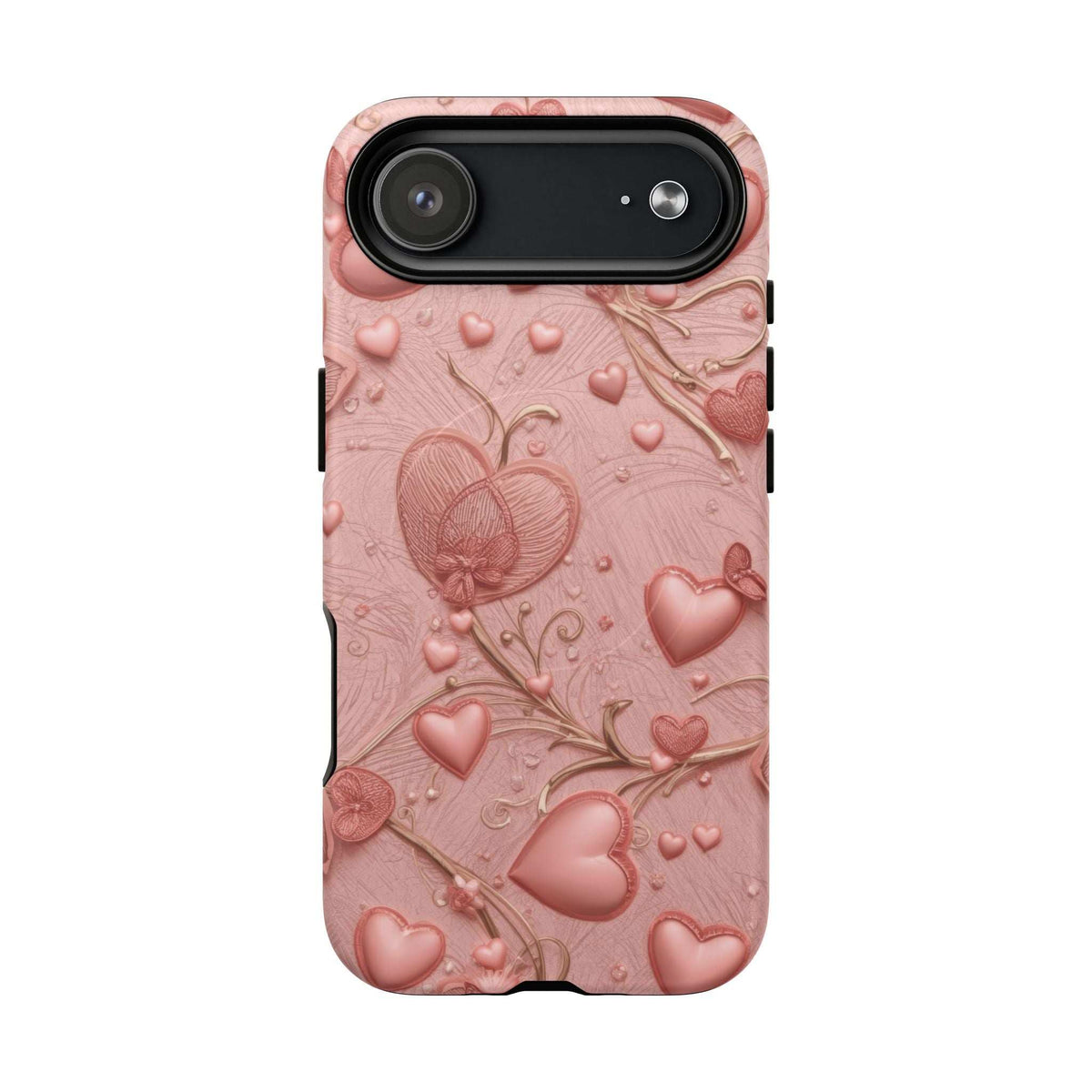 Pink heart-pattern phone case with embossed swirls and hearts, horizontal camera opening