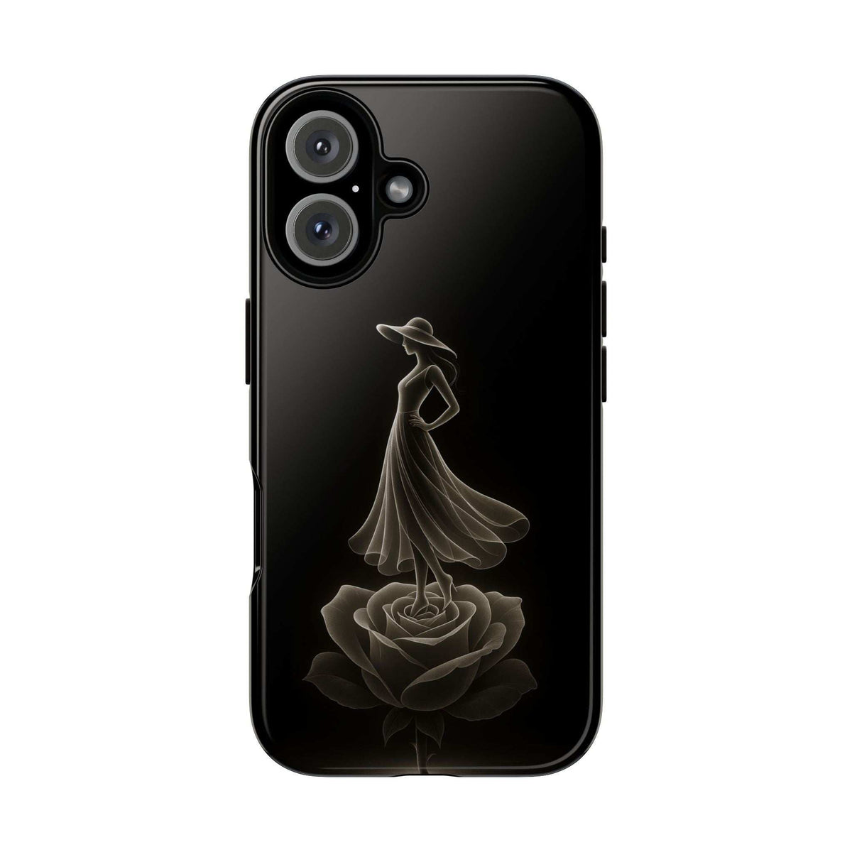 Black glossy phone case with lady and rose motif; front view with camera cutouts