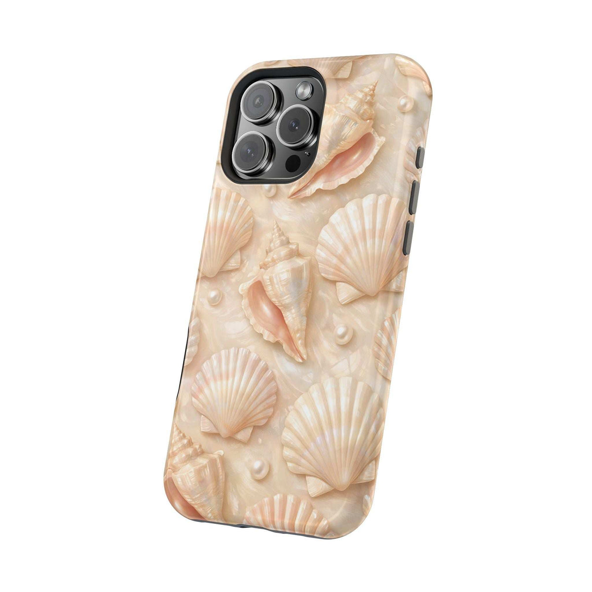 Beige seashell phone case with large shell pattern and camera cutout