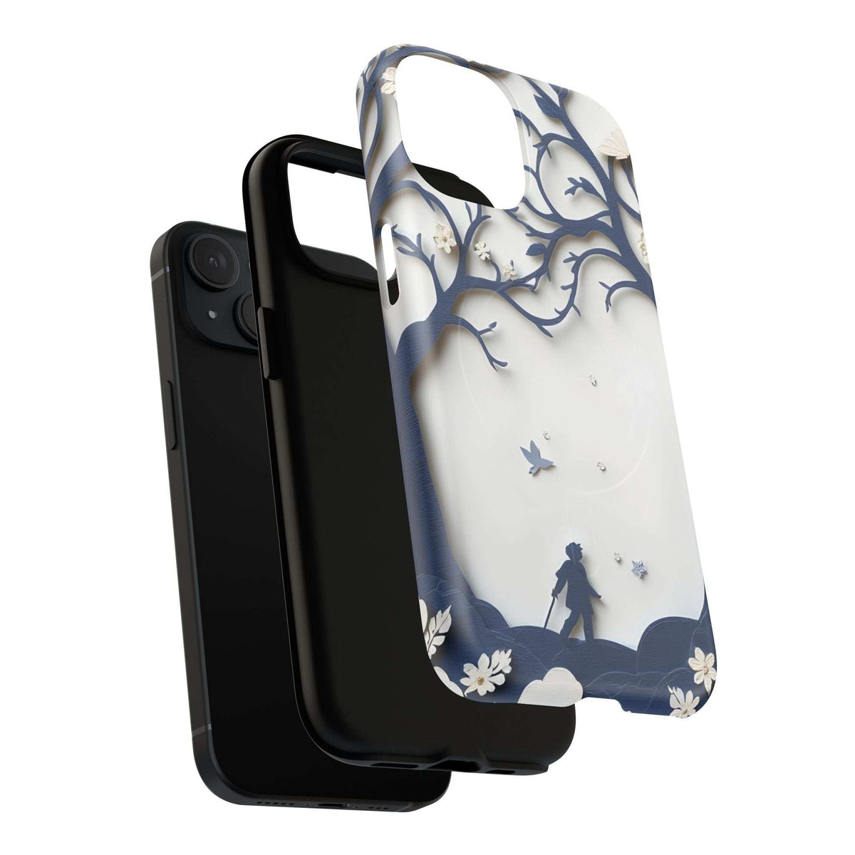 iPhone phone case with white-blue nature silhouette, tree branches and small flowers