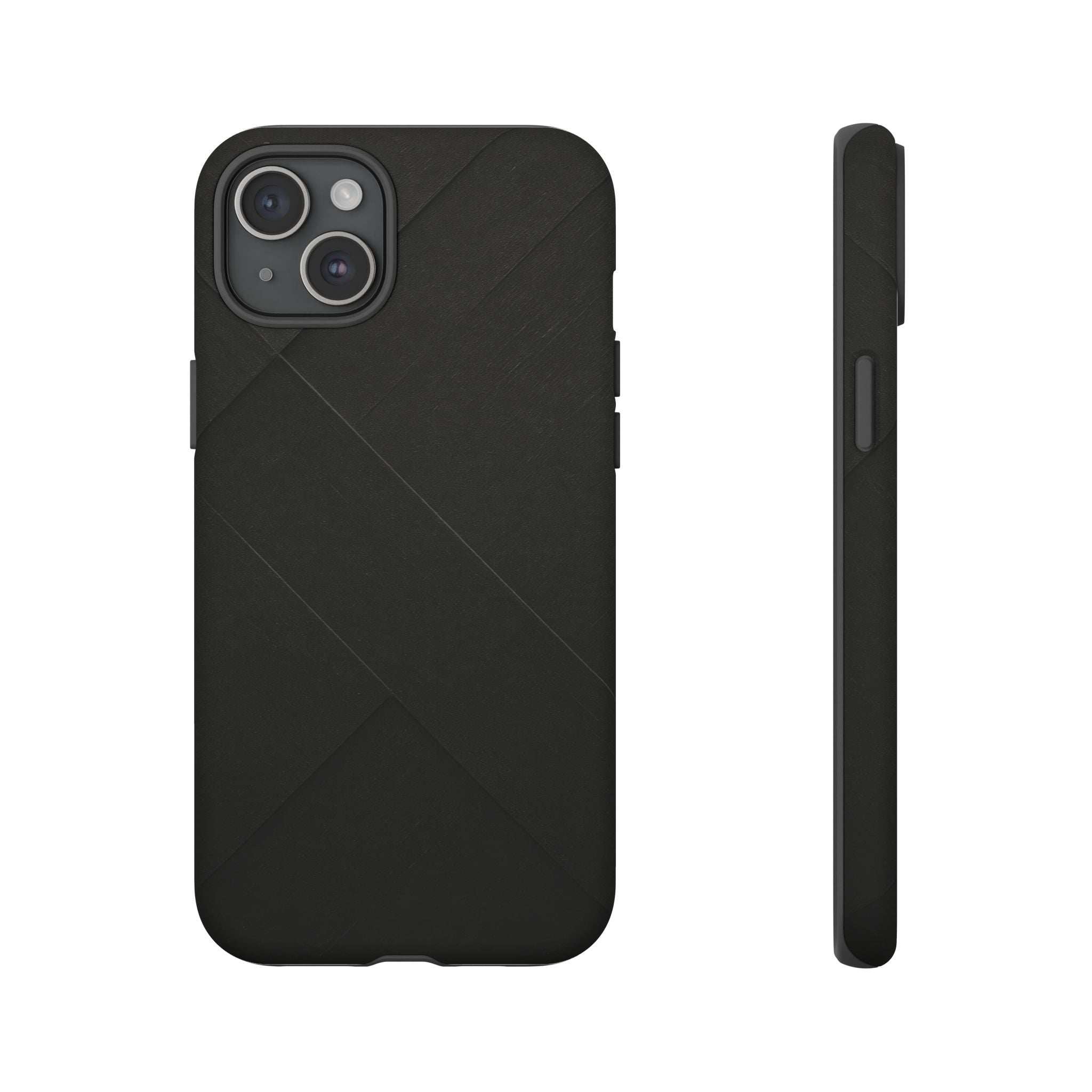 Matte black phone case featuring diagonal pattern and camera openings; side view included