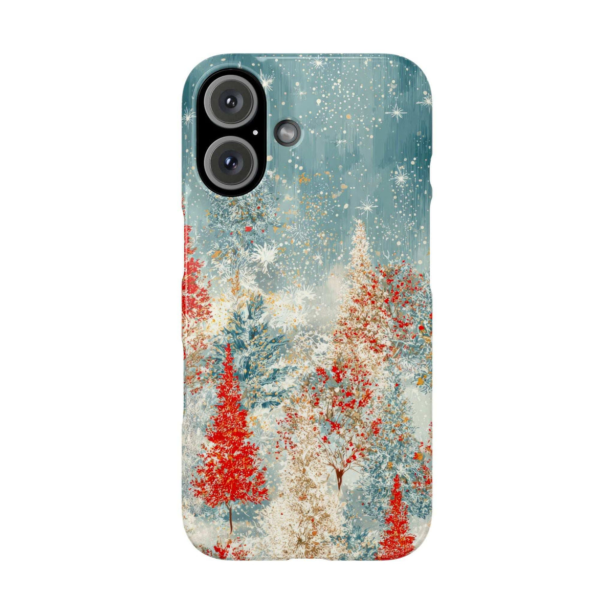 Snowy forest phone case with teal snow background, red trees and white snowflakes; rear camera openings