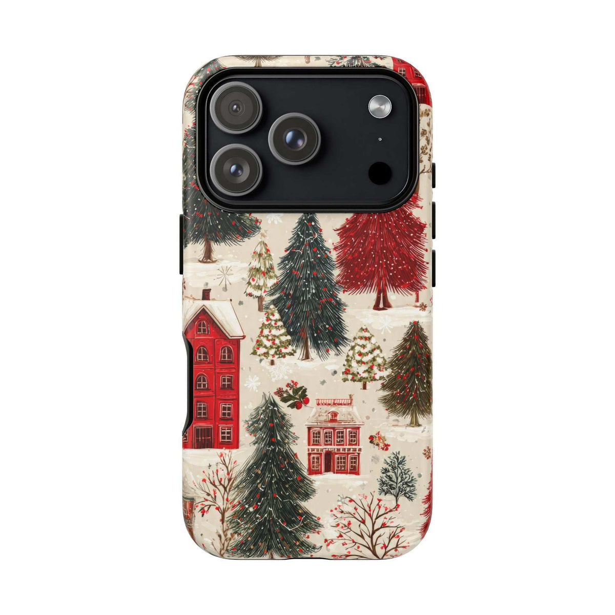Phone case rear view with snowy winter village design, red buildings and pine trees; camera lenses