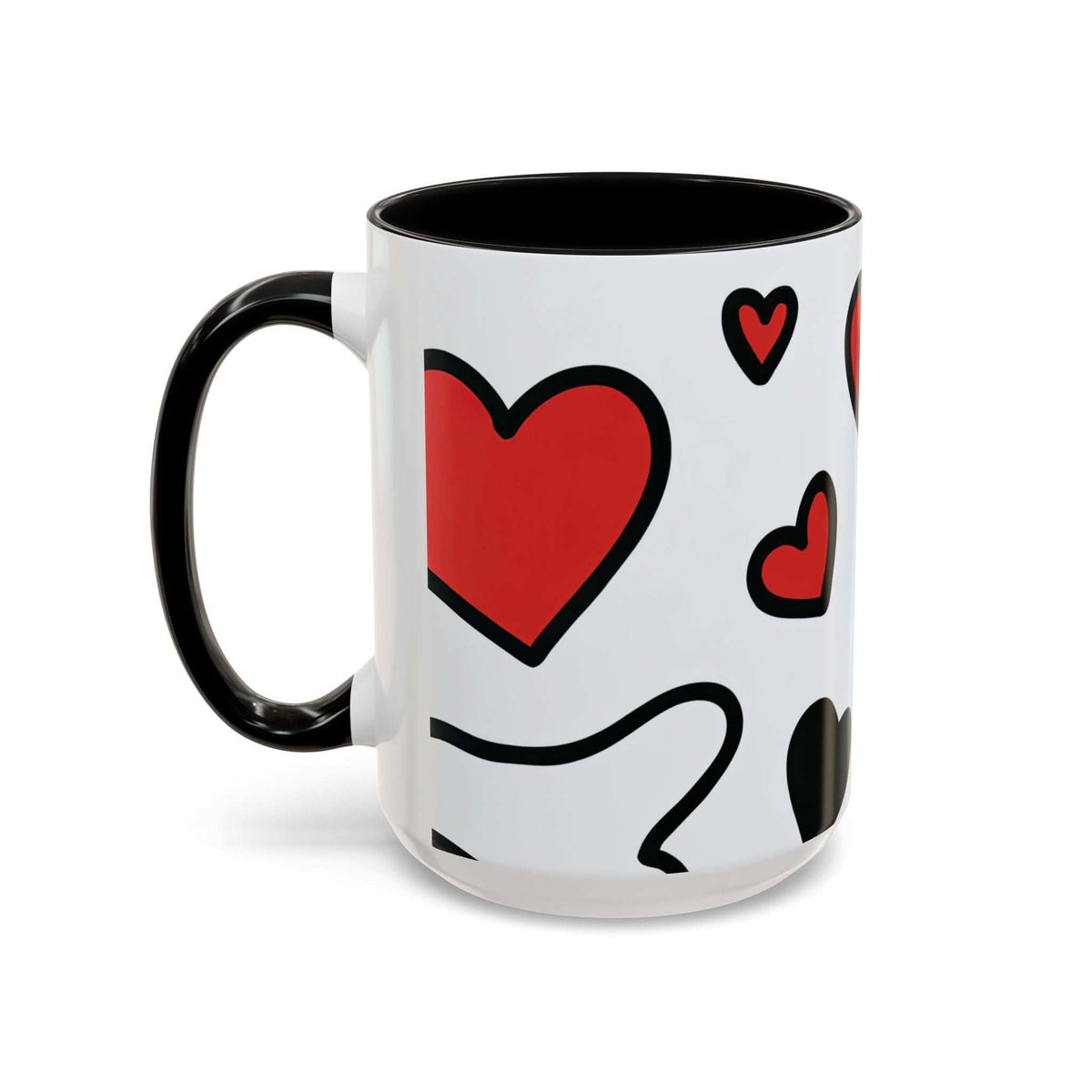 Accent coffee mug with black interior and handle, white body, red heart and small heart icons.