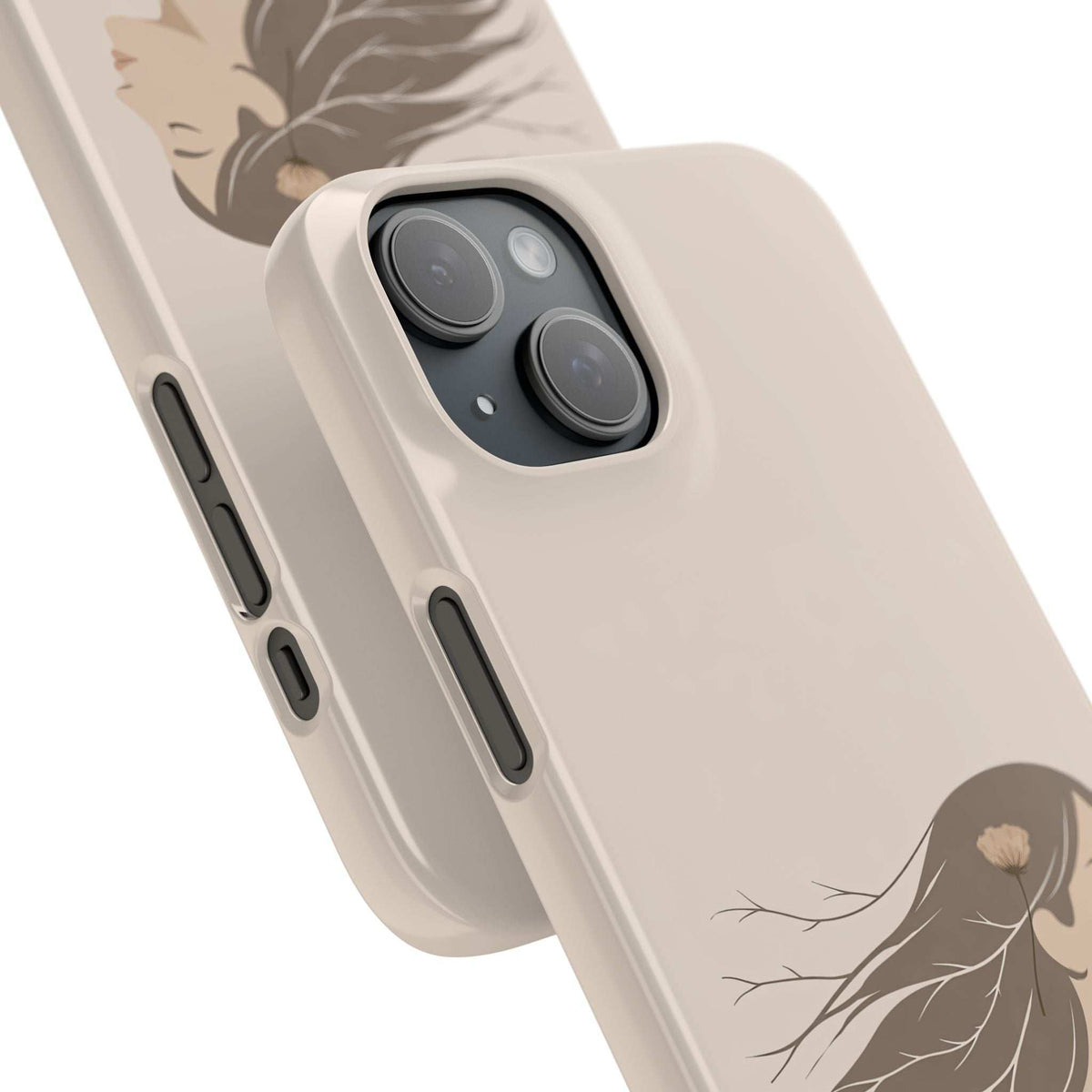 Light tan phone case with woman line-art design, camera cutout, and side buttons