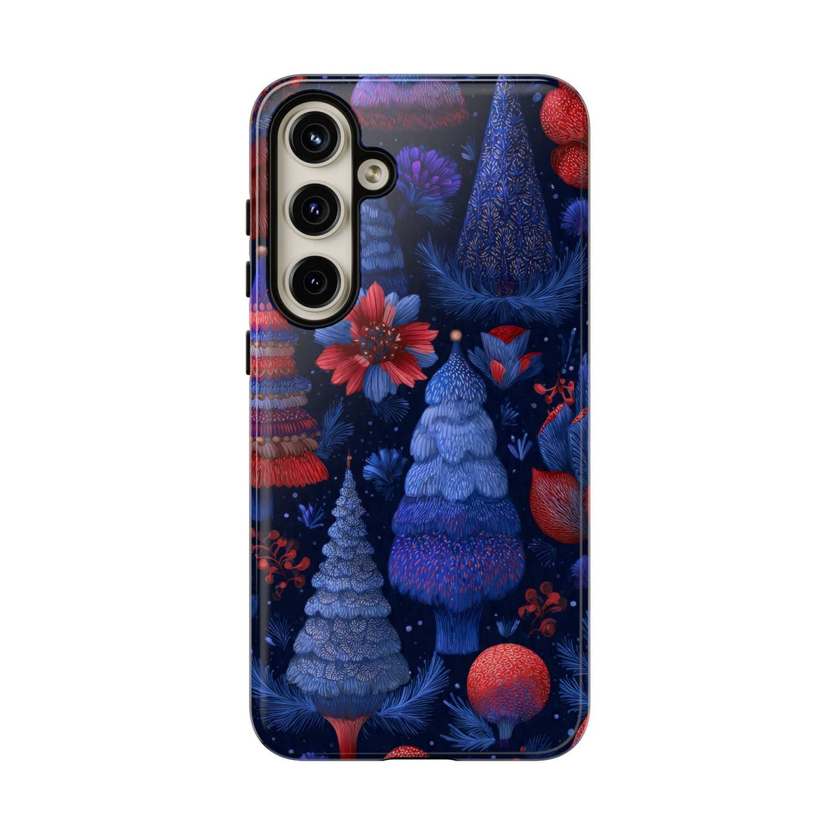 Phone case back view with dark blue forest artwork, red flowers, and pine trees