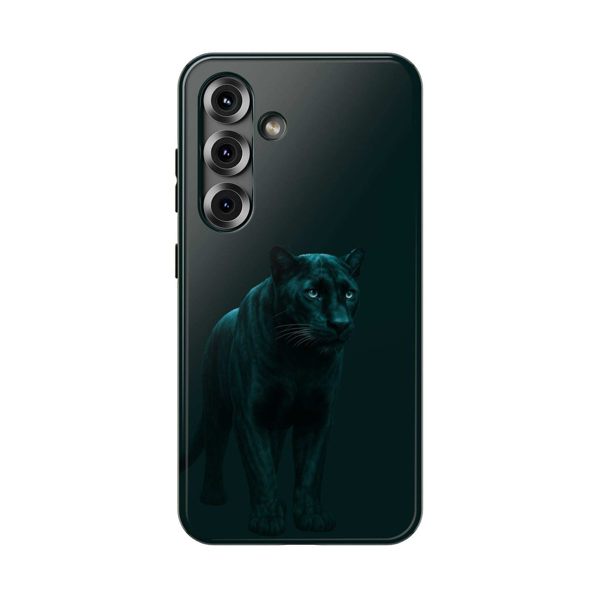 Phone case with dark panther graphic on back, vertical triple-camera cutouts